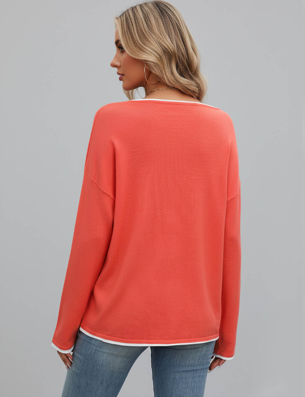 Ladies Color Block Round Neck Long Sleeves Sweater