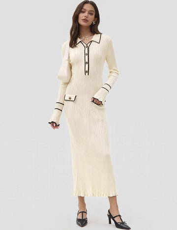 Ladies Turndown Collar Bell Long Sleeves Knit Maxi Dress