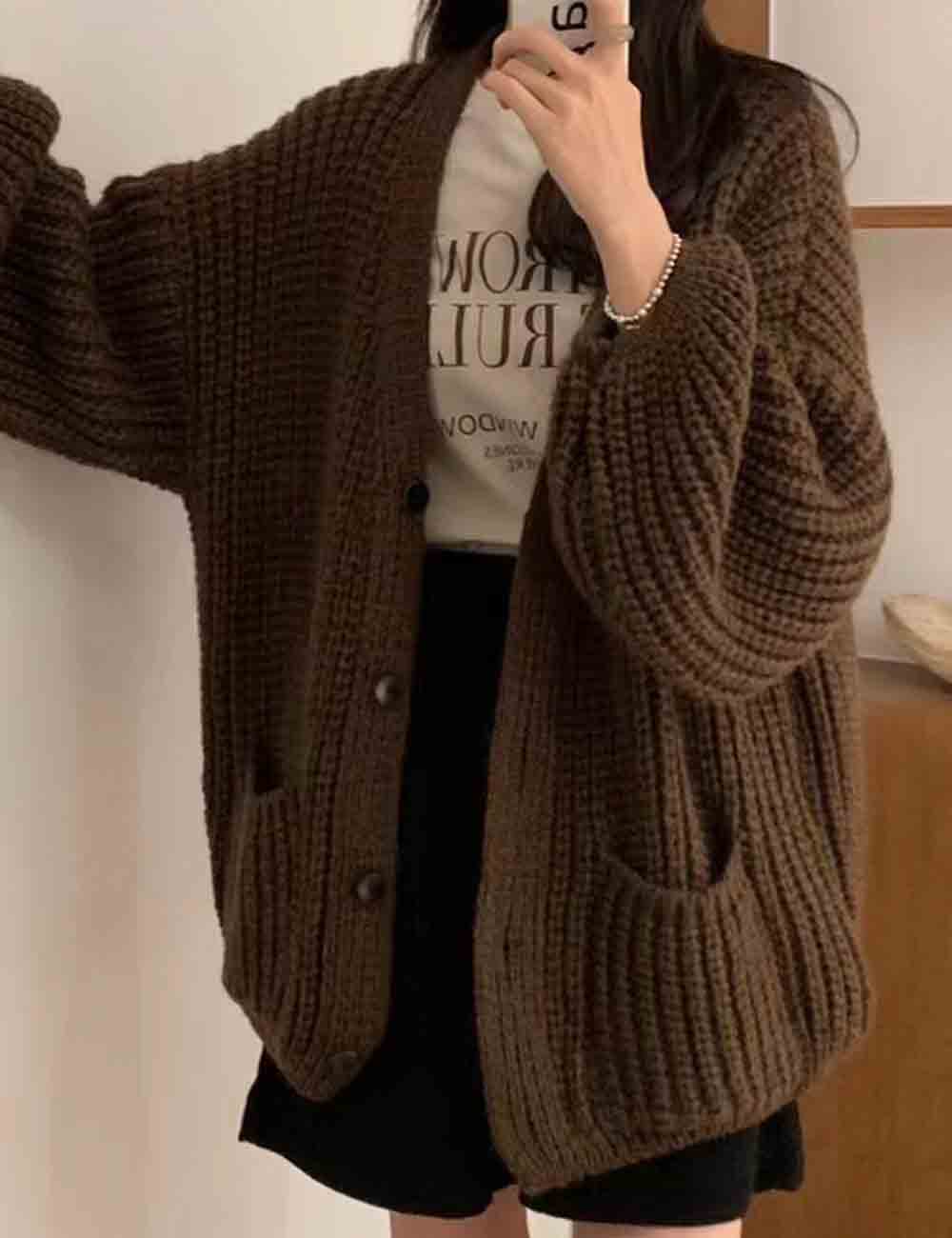Ladies Solid Color V-Neck Lantern Sleeves Knit Cardigan