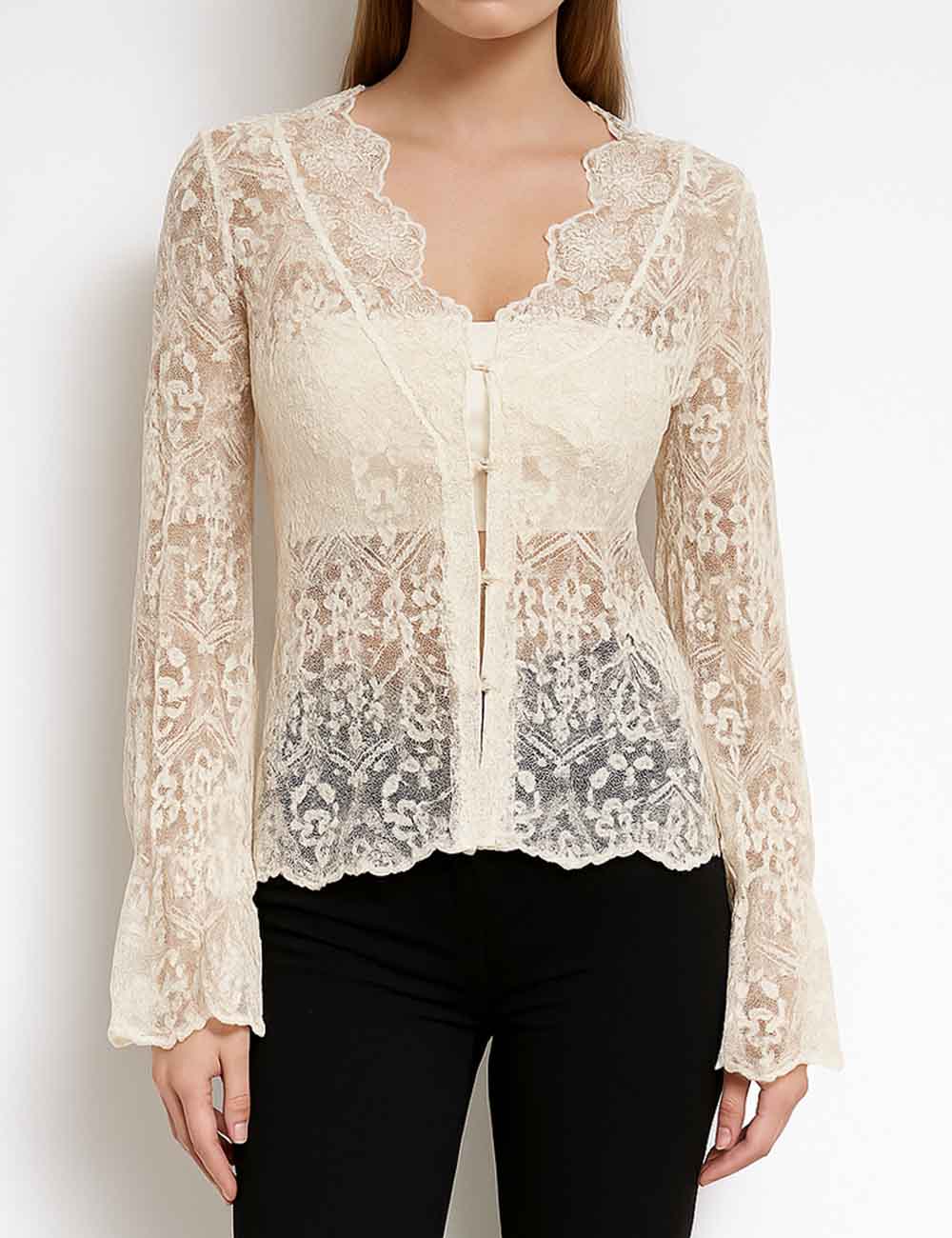 Ladies V-Neck Floral Embroidery Bell Sleeves Button Blouse
