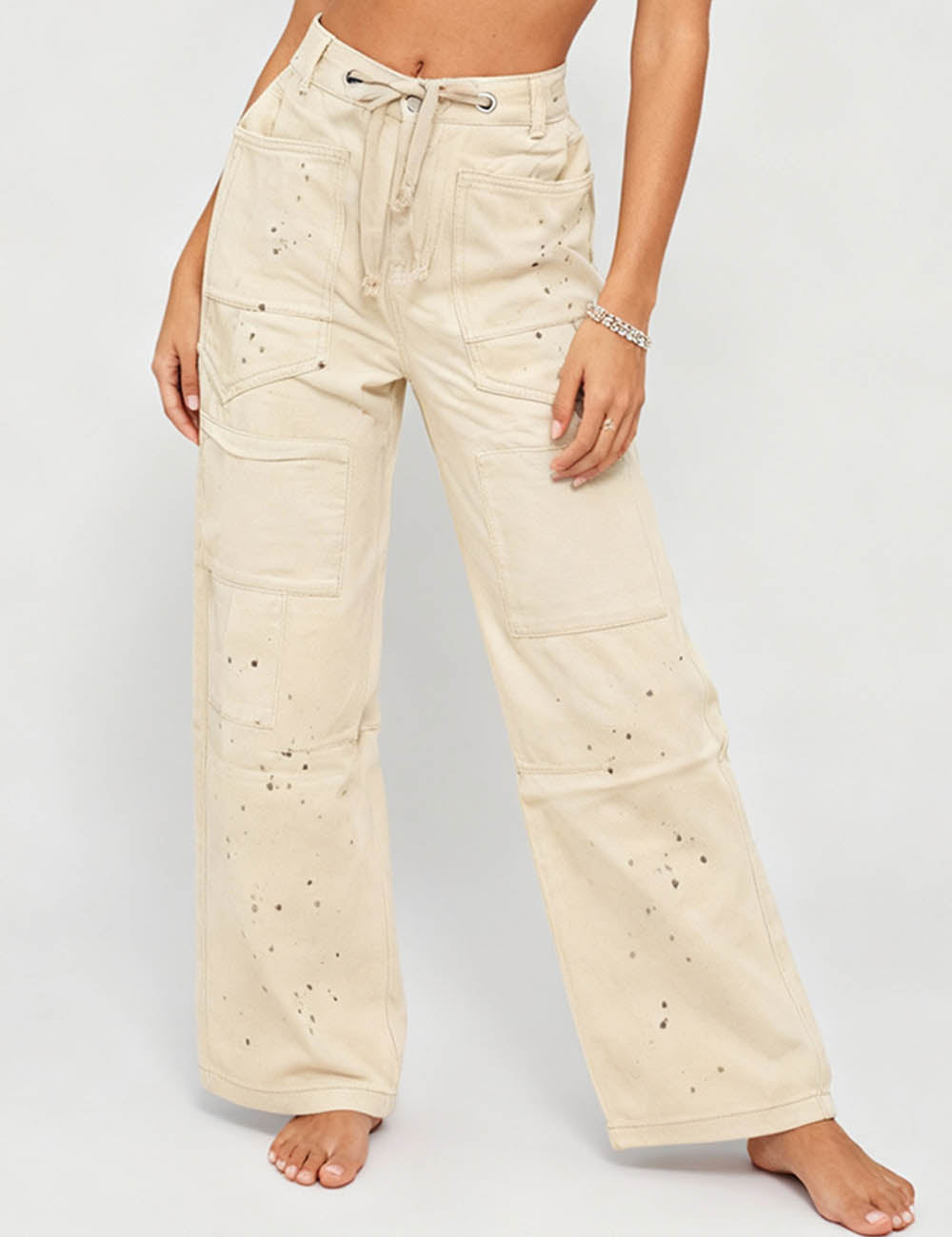 Ladies Paint Splatter Drawstring Wide Leg Denim Pants