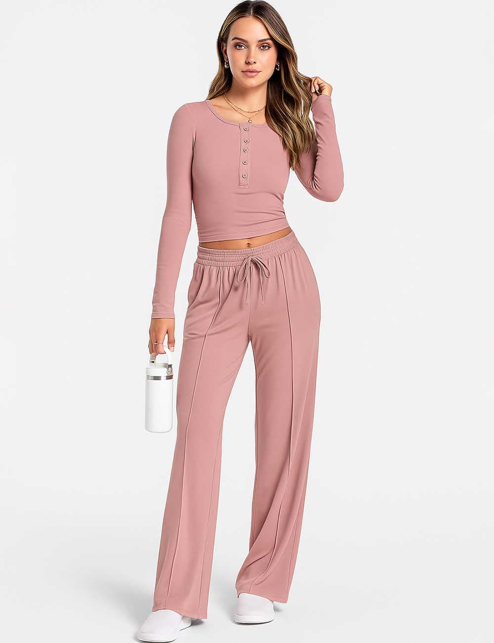 Ladies Button Front Wide Leg Cropped Top & Pants Set