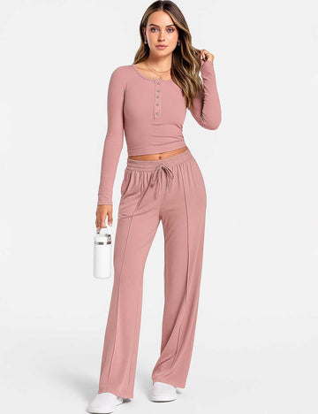 Ladies Button Front Wide Leg Cropped Top & Pants Set