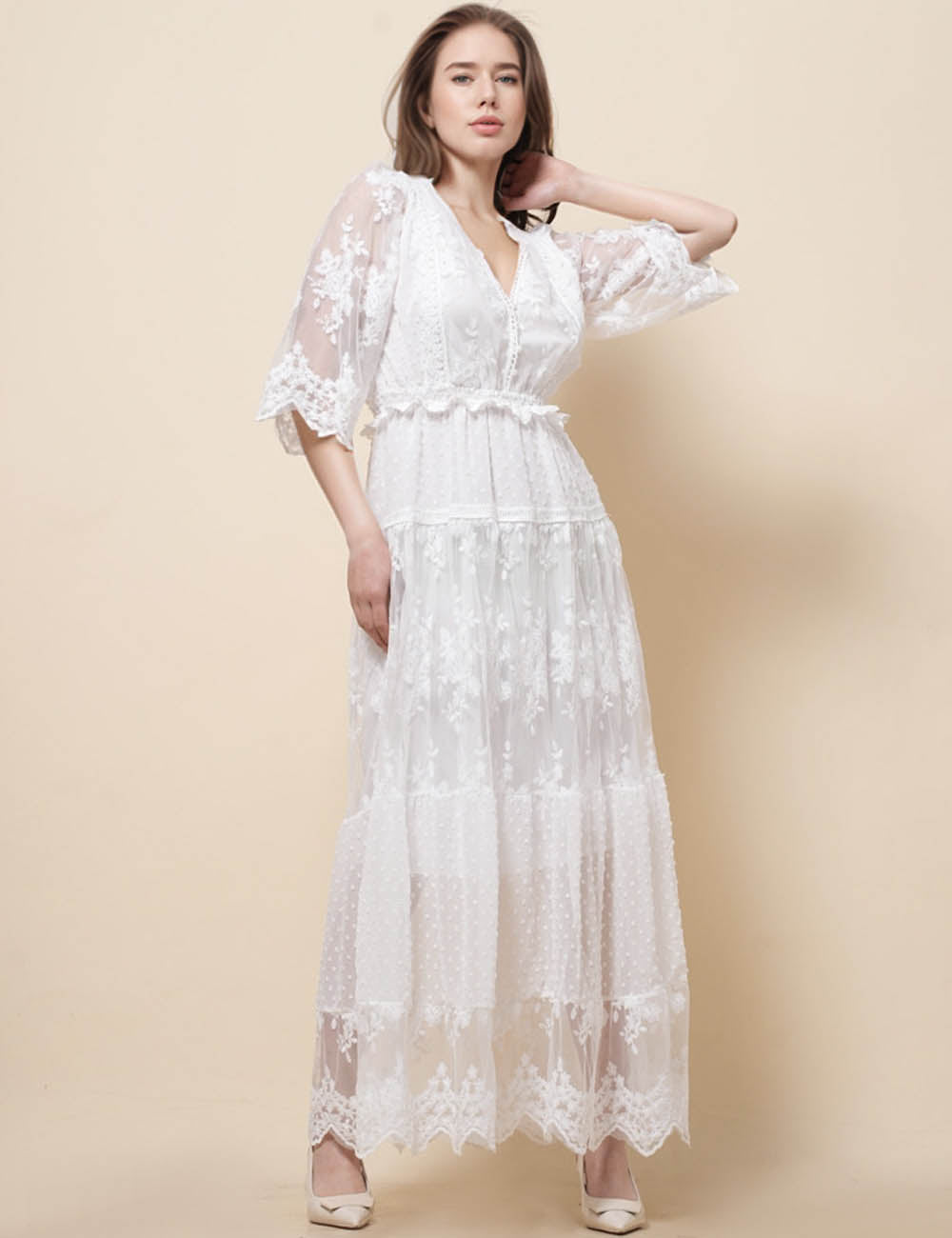 Ladies V-Neck Short Sleeves Floral Embroideriy Midi Dress SKD51196