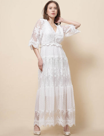 Ladies V-Neck Short Sleeves Floral Embroideriy Midi Dress SKD51196