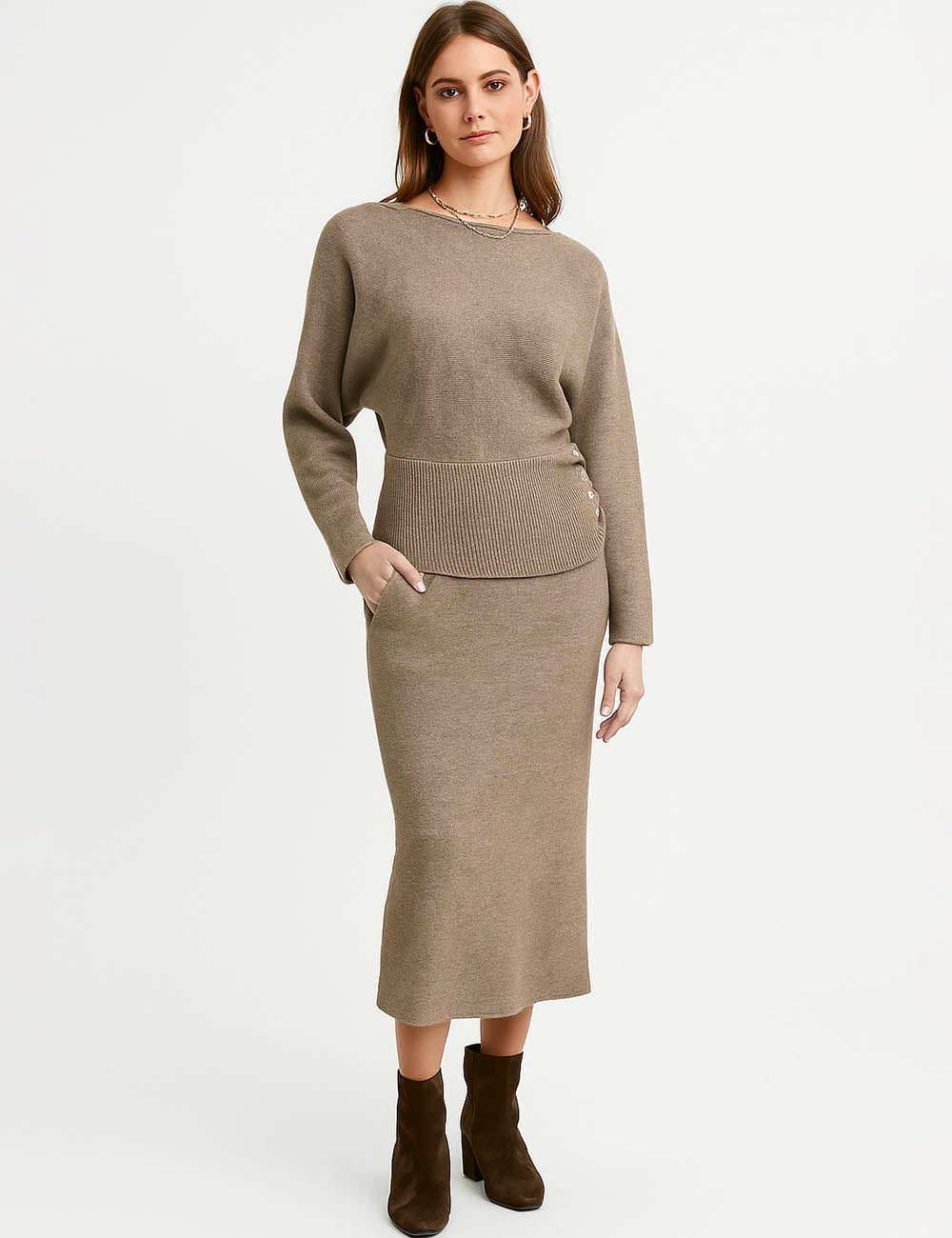 Ladies Ribbed Knit Sweater Set Top & Midi Dress 2PCS Set
