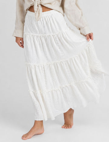 Ladies Solid Color Eyelet Tiered Ruffle  Maxi Skirt
