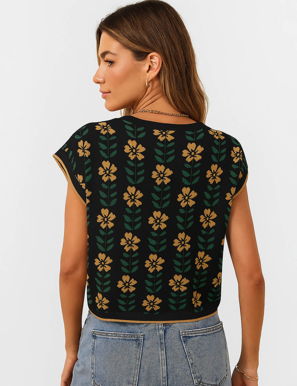 Ladies Vintage Floral Jacquard Cap Sleeves Sweater Vest