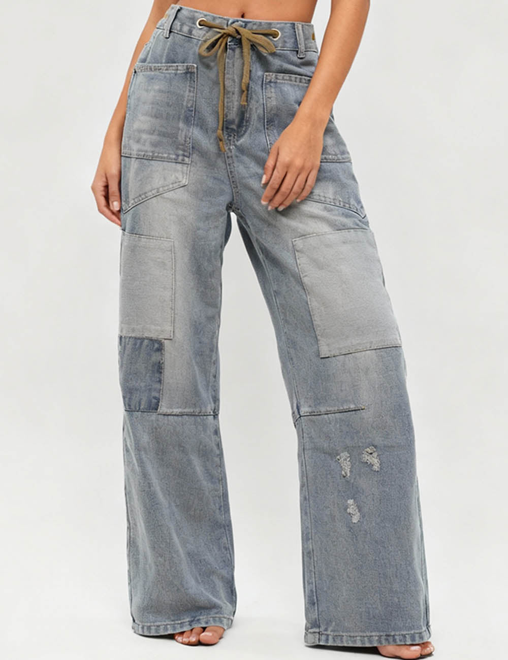 Ladies Vintage Patchwork Drawstring Wide Leg Denim Pants