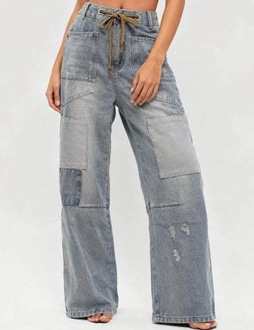 Ladies Vintage Patchwork Drawstring Wide Leg Denim Pants