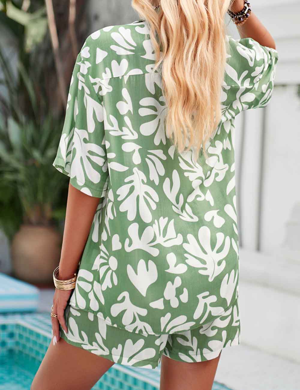 Ladies Floral Print Button Down Shirt & Shorts Set