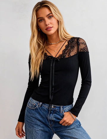 Ladies Sheer Lace V-Neck Long Sleeves Layering Top