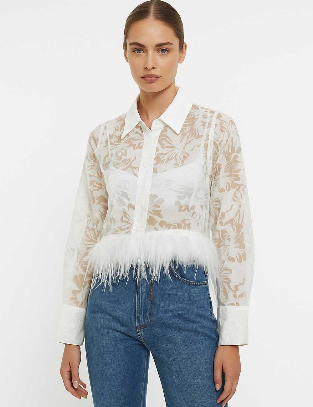Women Elegant Sheer Floral Blouse with Feather Trim