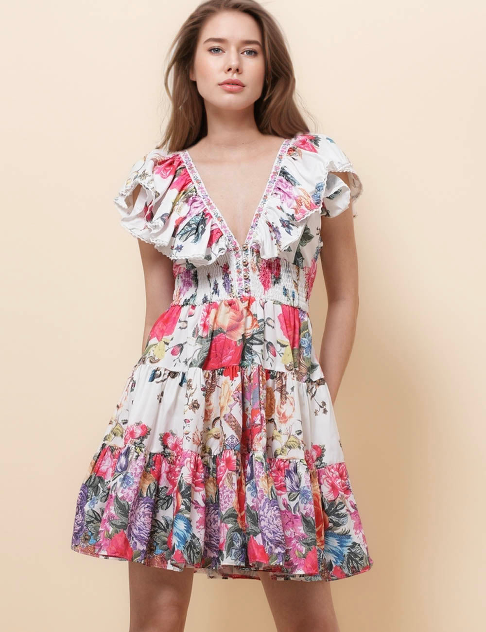 Ladies V-Neck Short Sleeves Floral Print Mini Dress SKD51129