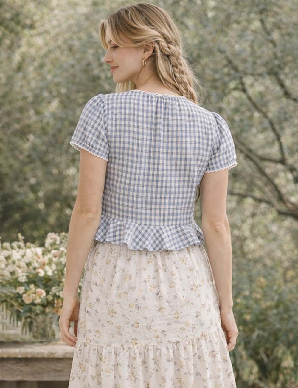 Ladies Gingham Tie Front Puff Sleeves Ruffle Hem Crop Top