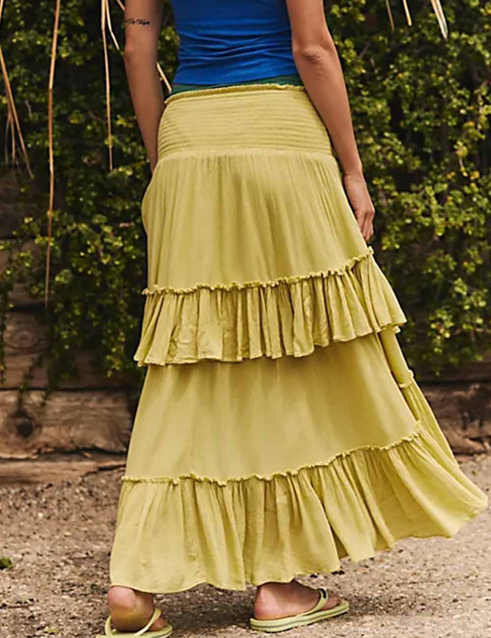 Ladies Tiered Ruffle Smocking Elastic Waist Maxi Skirt