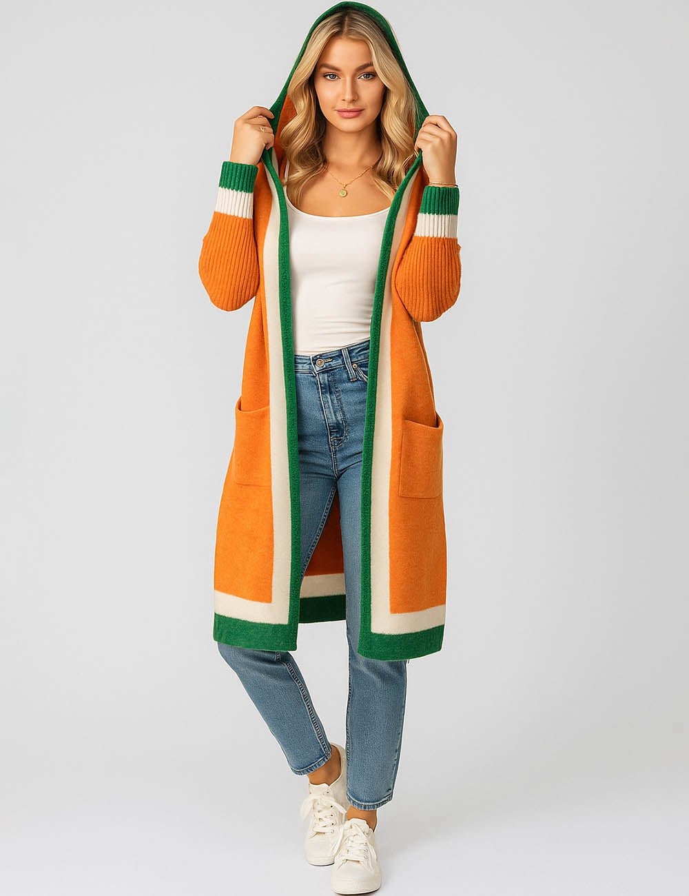 Ladies Hooded Collar Open Front Long Knit Cardigan