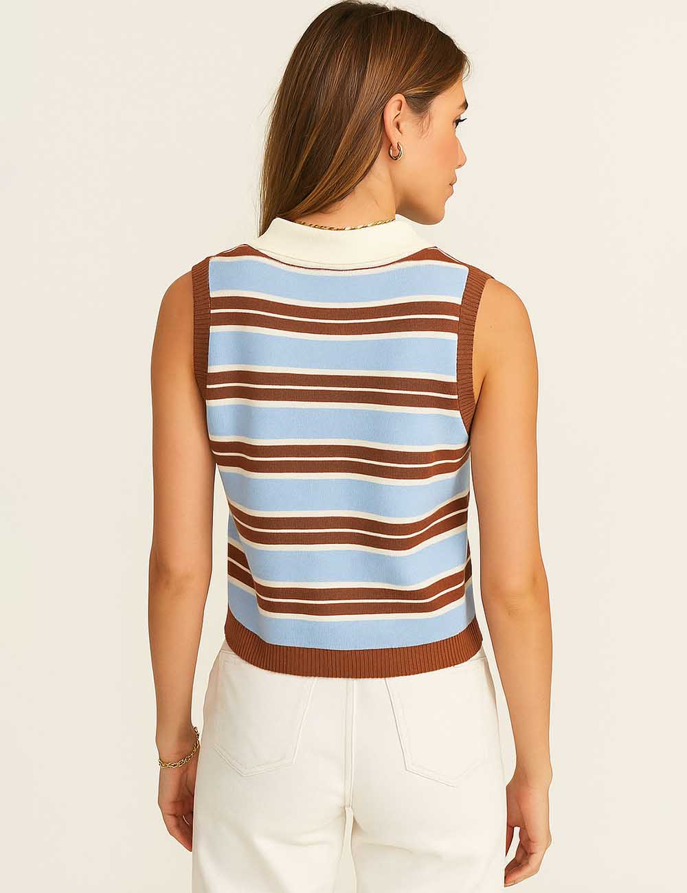 Ladies Polo Collar Striped Sleeves Knit Top