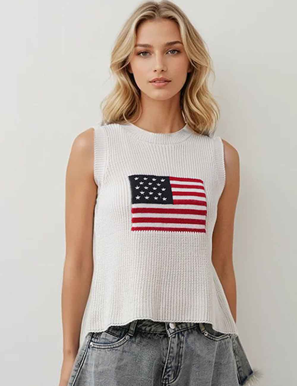 Ladies Flag Pattern Sleeveless Knit Sweater Vest