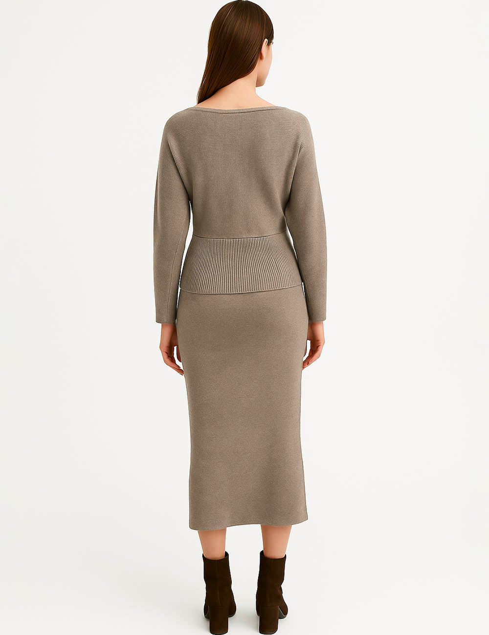 Ladies Ribbed Knit Sweater Set Top & Midi Dress 2PCS Set