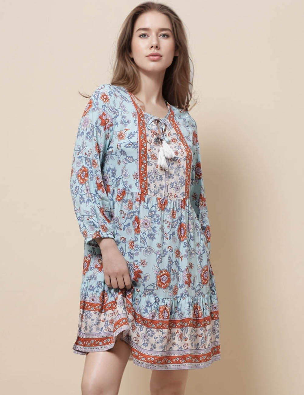 Ladies V-Neck Long Sleeves Floral Print Mini Dress SKD51166