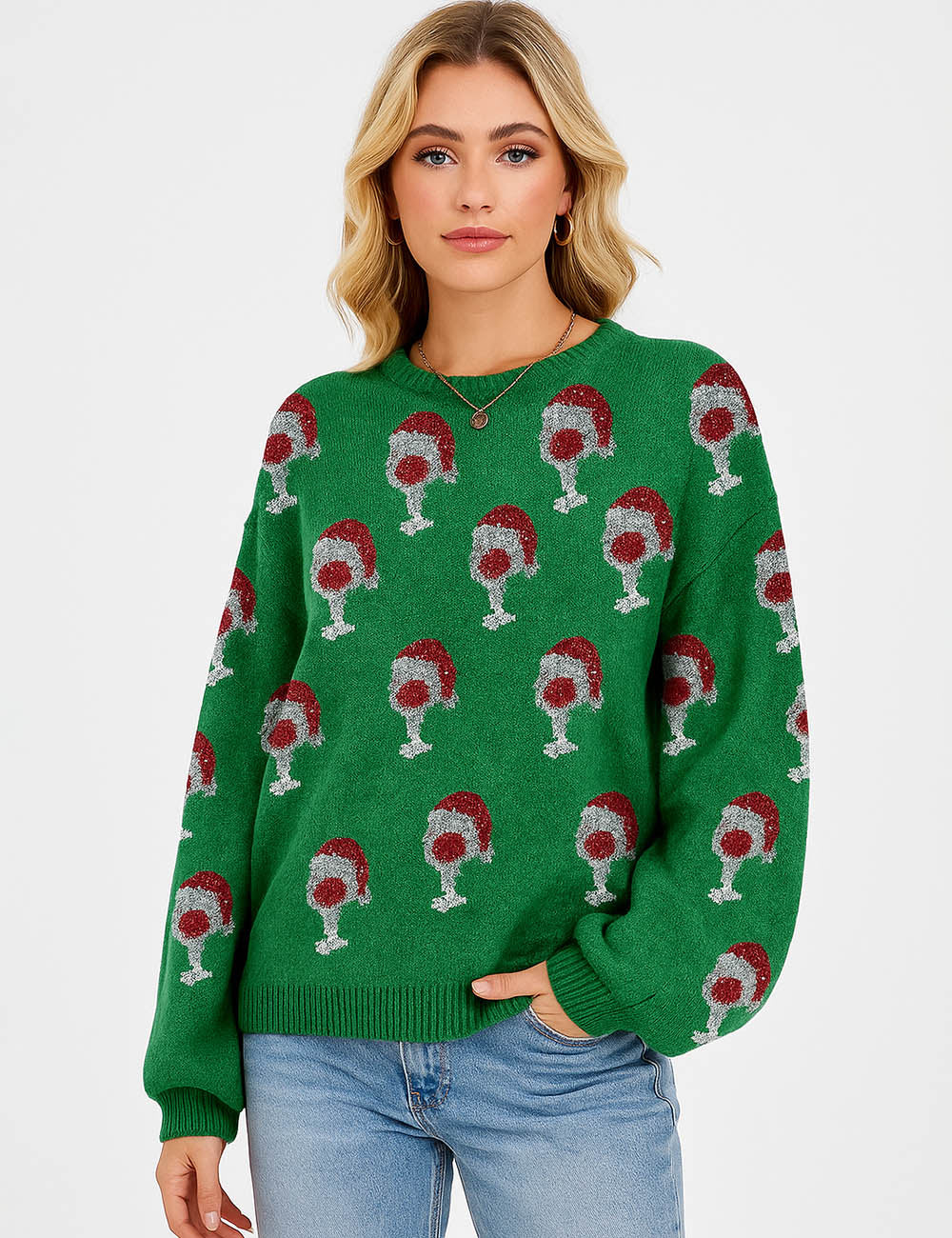 Ladies Christmas Wine & Santa Hat Puff Sleeves Holiday Sweater