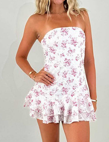 Ladies Floral Print Sleeveless Strapless Mini Dress