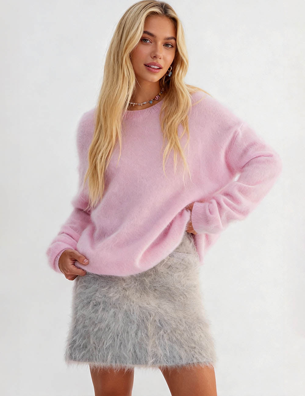 Ladies Solid Color Fluffy Knit Round Neck Pullover Sweater