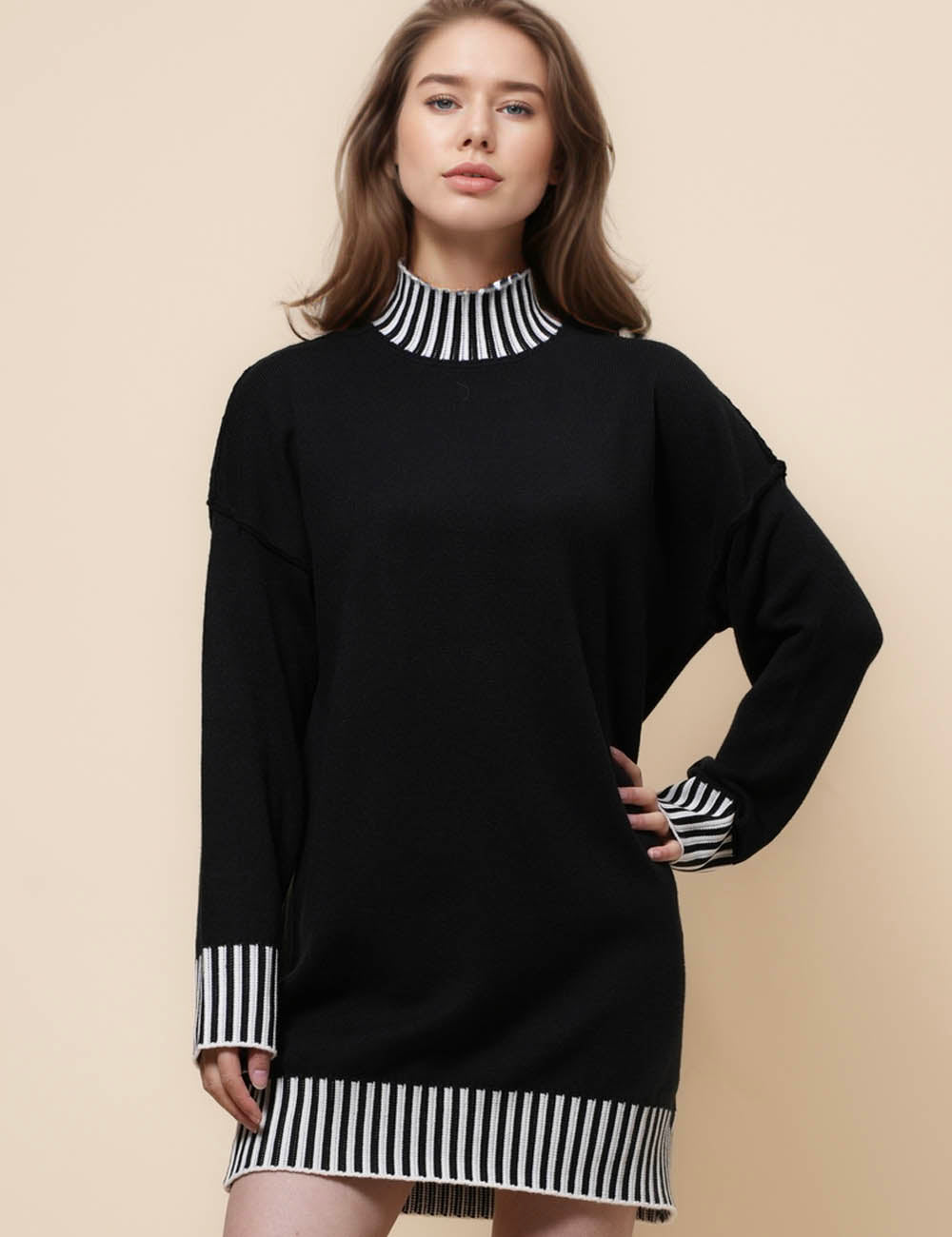 Ladies Mock Neck Color Block Sweater Dress SKD41233