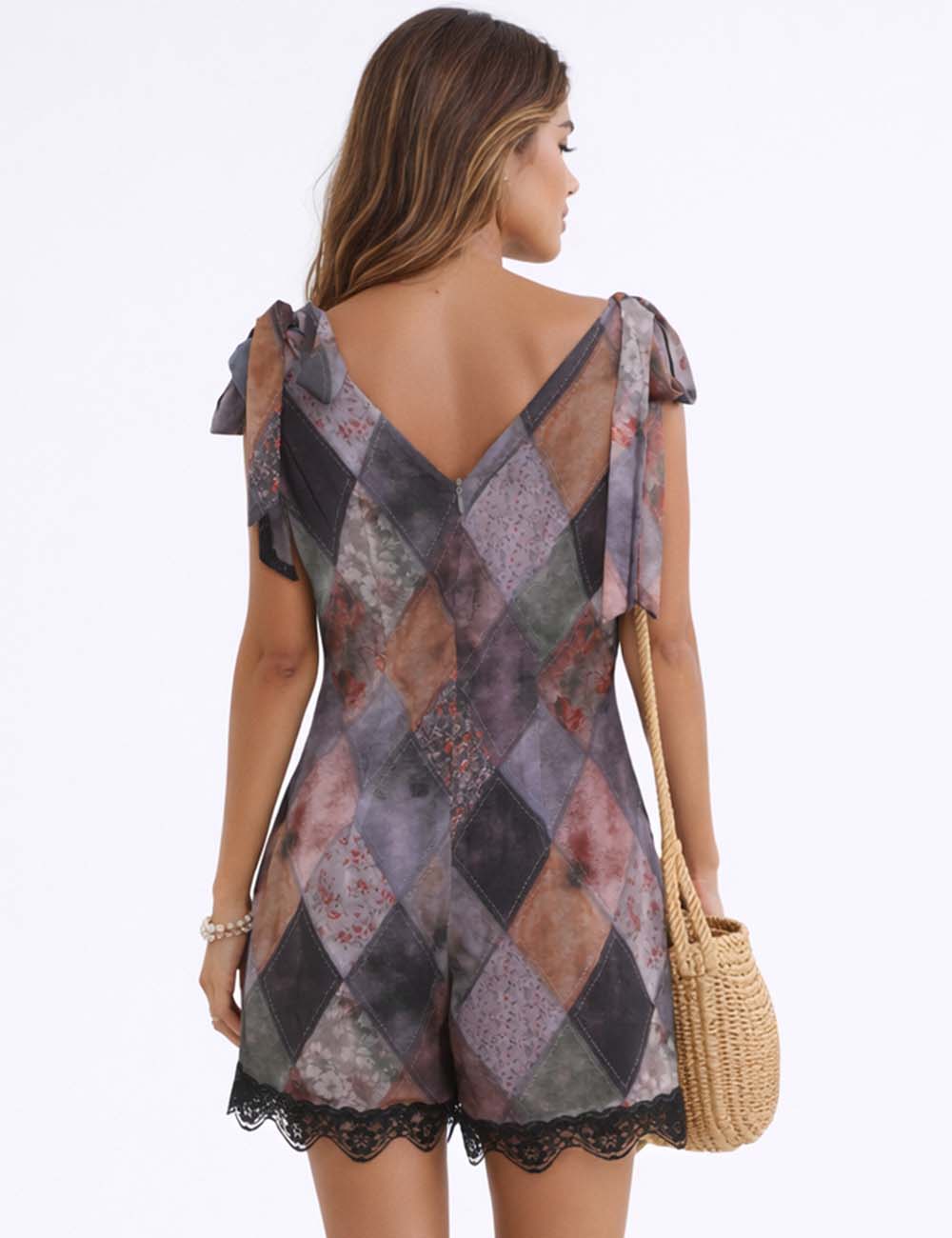 Ladies Diamond Pattern V-Neck Tie Strap Wide Leg Romper