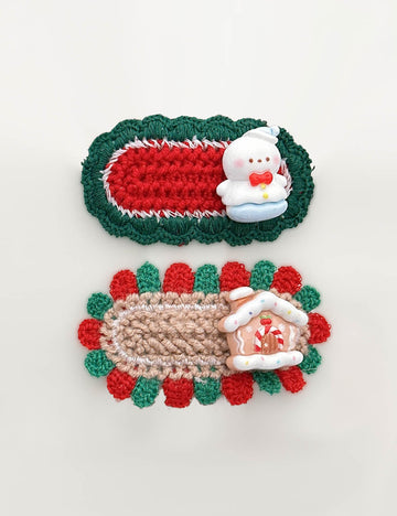 Ladies Christmas Snowman House Crochet Knit Hair Clip Set