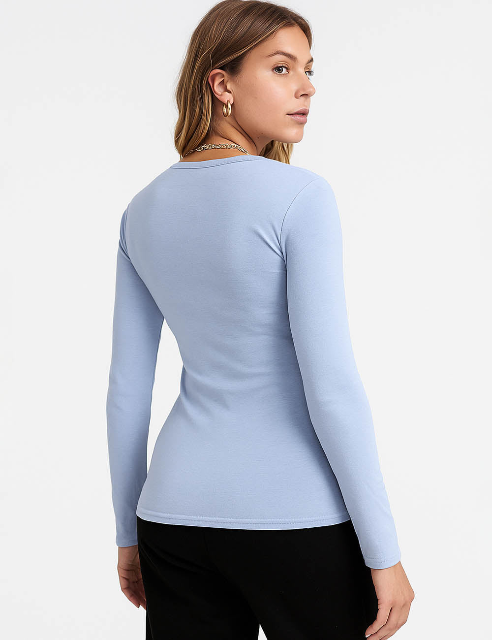 Ladies Solid Color Sheer Round Neck Long Sleeves Layer Top