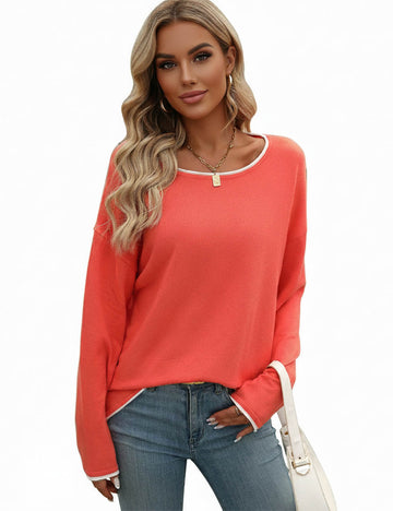 Ladies Color Block Round Neck Long Sleeves Sweater