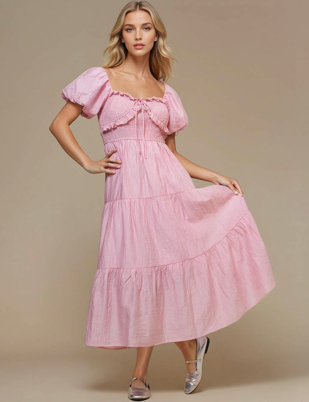 Ladies Square Neck Bubble Sleeves Midi Dress SKD50304