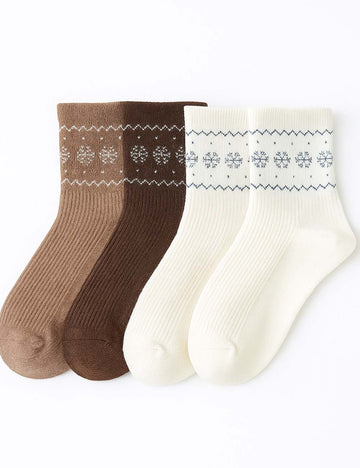 Ladies Fair Isle Snowflake Pattern Midi Calf Knit Socks