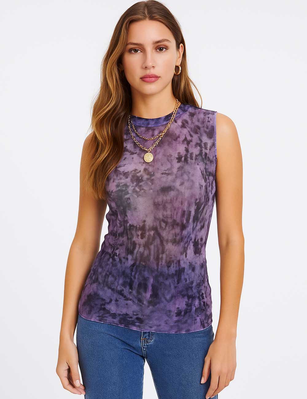 Women Inregular Print Mesh Layring Top See Sheer Tank Top