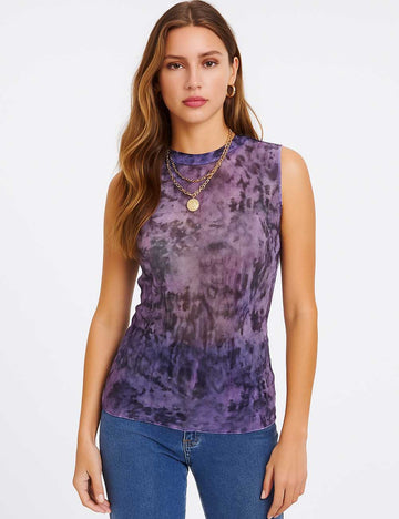 Women Inregular Print Mesh Layering Top See Sheer Tank Top