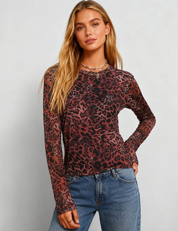 Ladies Leopard Print See Sheer Round Neck Mesh Top