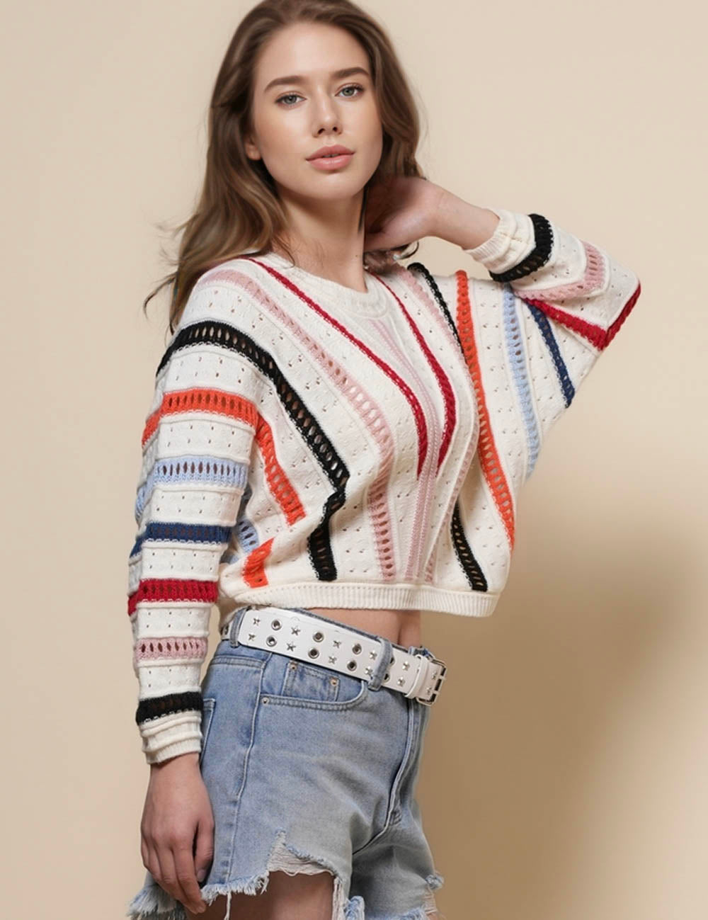 Ladies Round Neck Color Block Hollow Out Sweater SKT50155