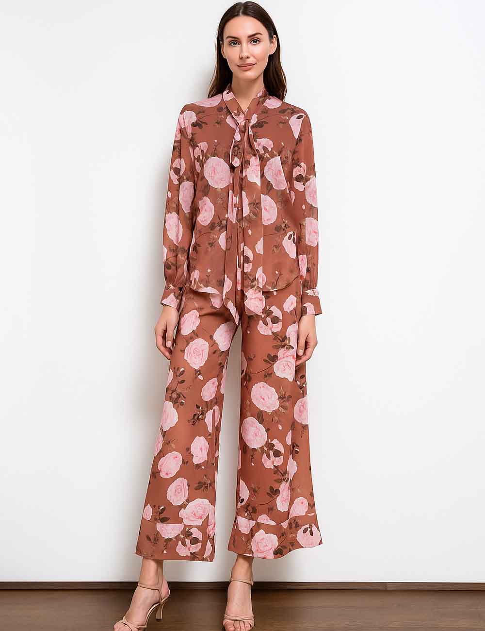 Ladies Floral Print Tie Neckline Long Sleeves Blouse & Pants