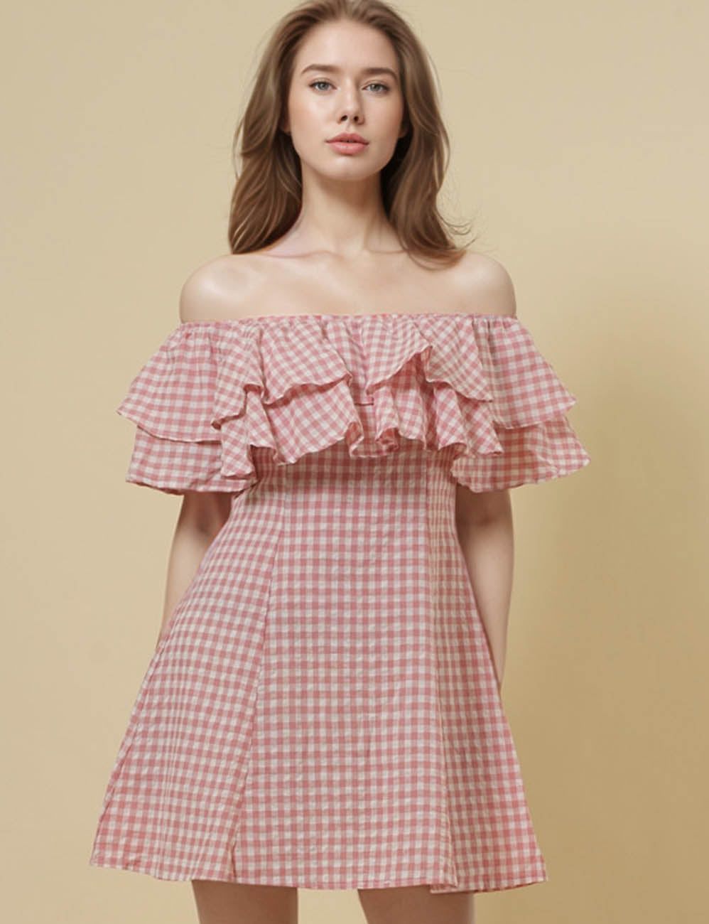 Ladies Off-Shoulder Sleeveless Plaid Print Mini Dress SKD51288