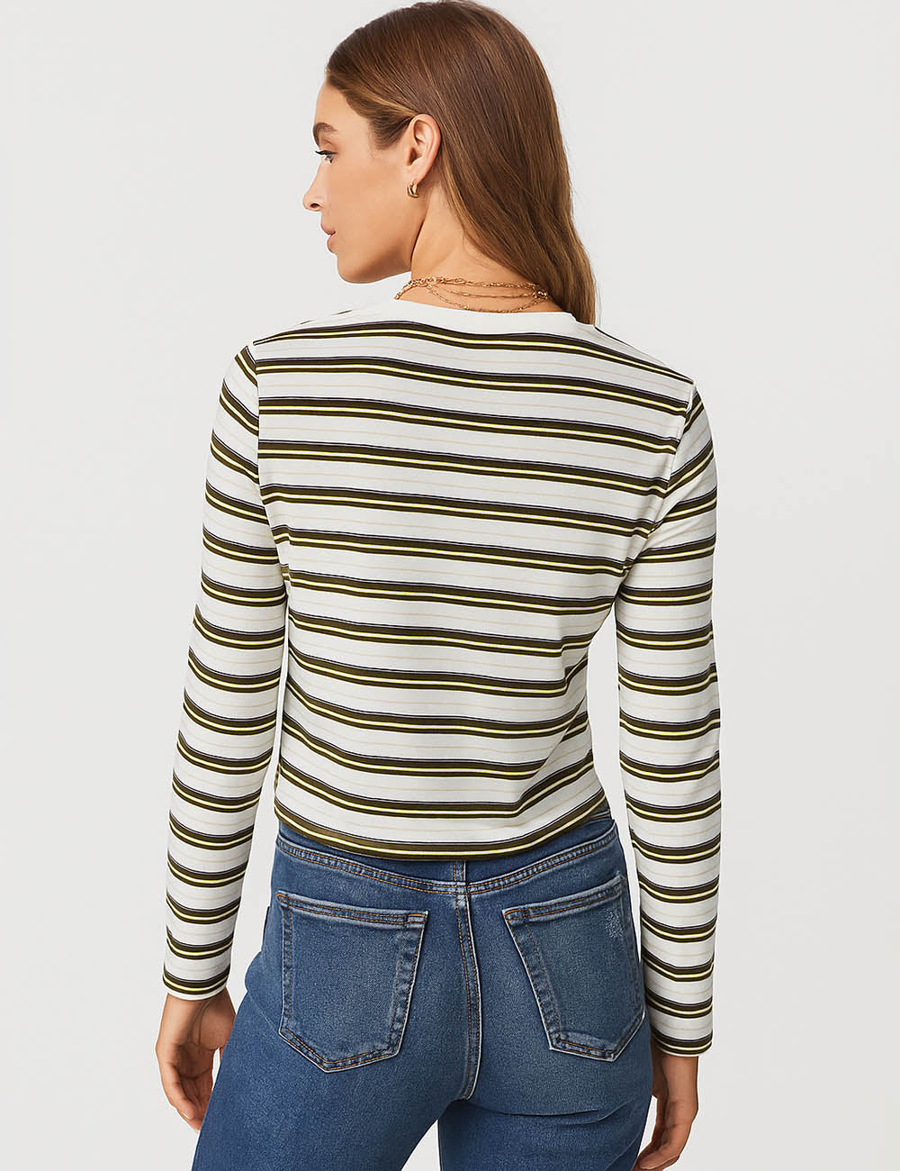 Ladies Color Block Striped Top Long Sleeves Cropped T-Shirts