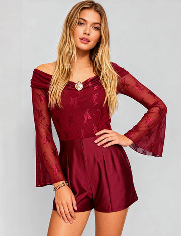 Ladies Lace Off-Shoulder Flared Sleeves Wide Leg Romper