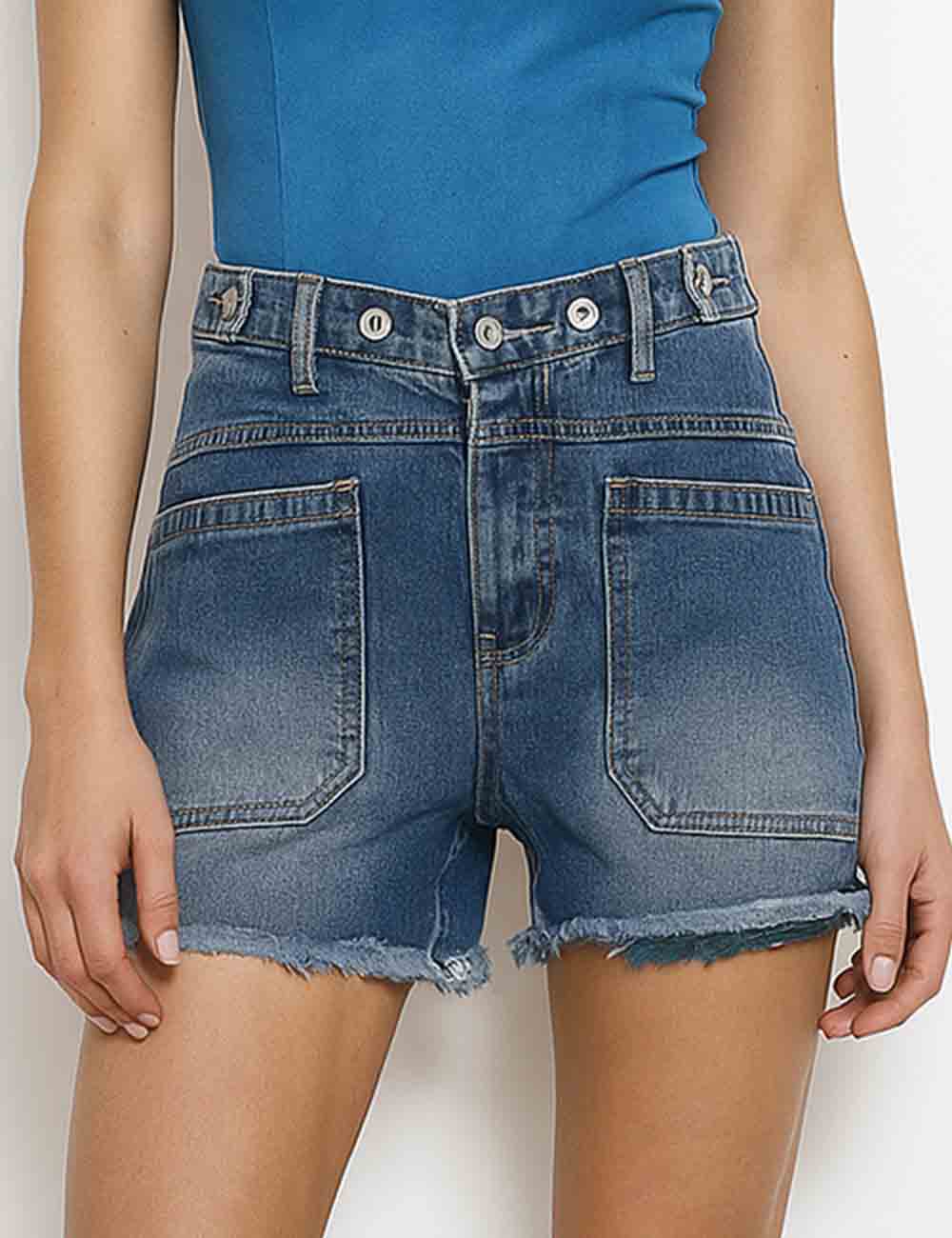 Ladies Button Waist Pockets Raw Edge Denim Shorts