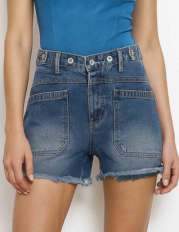Ladies Button Waist Pockets Raw Edge Denim Shorts