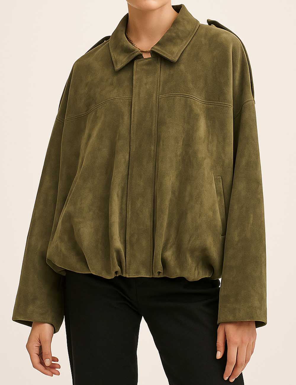 Ladies Faux Suede Bomber Jacket Shirt Collar Zip-Up Coat