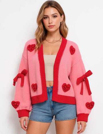 Ladies Color Block 3D Heart & Bow Chunky Cropped Cardigan
