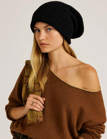 Ladies Solid Color Ribbed Knit Folded Hem Slouchy Hat