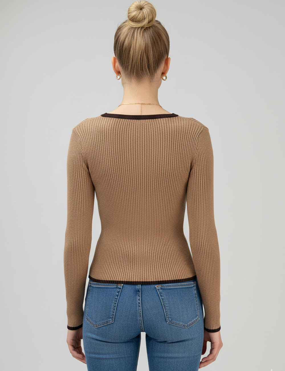 Ladies Ribbed Knit Color Block V-Neck Long Sleeves Top