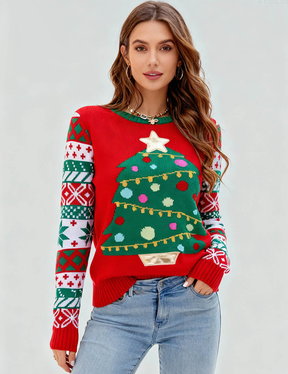 Ladies Holiday Round Neck Christmas Tree Knit Sweater